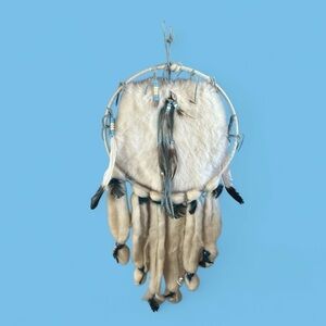 Large Size White and Gray & Light Blue Beaded Dreamcatcher with Feathers Native